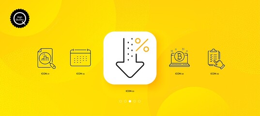 Fototapeta na wymiar Analytics graph, Low percent and Checklist minimal line icons. Yellow abstract background. Bitcoin, Calendar icons. For web, application, printing. Vector