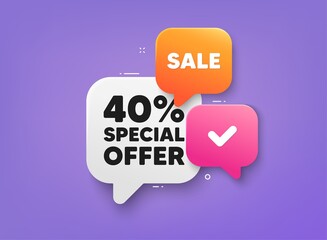 40 percent discount offer tag. 3d bubble chat banner. Discount offer coupon. Sale price promo sign. Special offer symbol. Discount adhesive tag. Promo banner. Vector