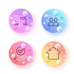 Fingerprint access, Online question and Group minimal line icons. 3d spheres or balls buttons. Approved checkbox icons. For web, application, printing. Biometric scan, Remote work, Developers. Vector
