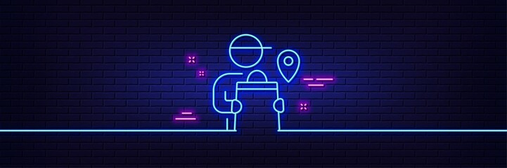 Neon light glow effect. Delivery man line icon. Courier location sign. Order delivery symbol. 3d line neon glow icon. Brick wall banner. Delivery man outline. Vector