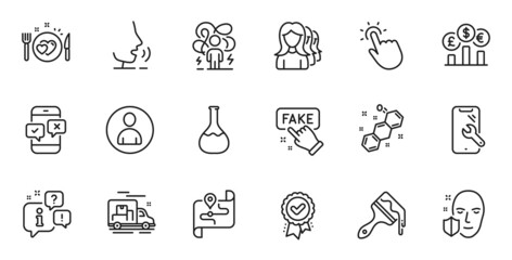 Outline set of Smartphone repair, Face protection and Approved award line icons for web application. Talk, information, delivery truck outline icon. Vector