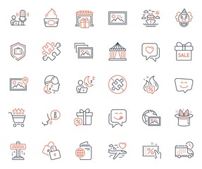 Holidays icons set. Included icon as Photo location, Ice cream and Heart web elements. Clown, Hot offer, Hat-trick icons. Smile face, Discount coupon, Puzzle web signs. Photo. Vector