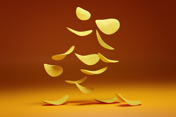 Crispy potato chips flying in the air. On an orange background. Fast food.