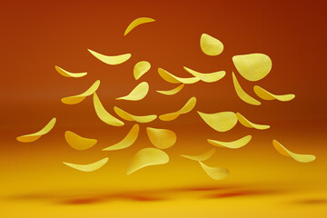 Crispy potato chips flying in the air. On an orange background. Fast food.