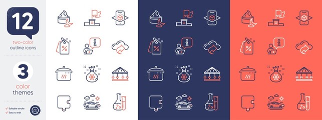 Set of Chemistry lab, Discount tags and Puzzle line icons. Include Cloud share, Winner flag, Night cream icons. Boiling pan, Augmented reality, Interview web elements. Car travel. Vector