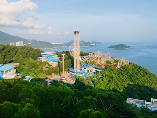 Drone shot of an amusement park called "the ocean park", Hong Kong.