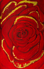 Textural oil painting: red rose flower with golden decor potal