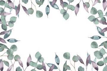Watercolor garden plants frame banner. Design. Hand made botanical clipart on white background with space for text. For website, posters, save the date, greetings design, wedding.