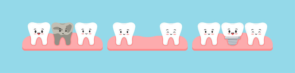 Dead tooth, lost stage, dental implant cute character in gum isolated on blue background. Teeth and implant prosthesis concept. Flat design cartoon kawaii vector orthodontist dentistry illustration.
