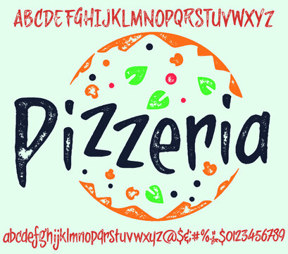 Hand drawn pasta and pizza menu for bars font. Delicious food from Italy, spaghetti, pizza cheese wine inspired typeface.