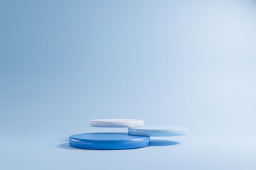 Fototapeta na wymiar 3 step cylinder blue podium on blue background, minimal concept, showcase for product. 3D render