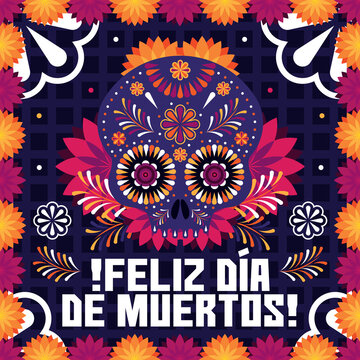   Ilustraci&oacute;n de calavera con decoraciones y arreglos florares para d&iacute;a de muertos