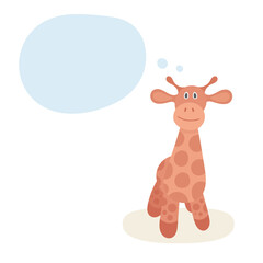 Thinking giraffe. Cute toy giraffe with speech bubble. Drawing illustration in cartoon style. Part of set.