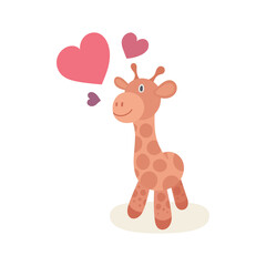 Giraffe in love. Cute giraffe and hearts. Drawing illustration in cartoon style. Part of set.