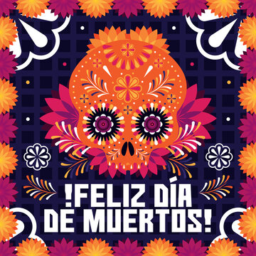 Ilustraci&oacute;n de calavera con decoraciones y arreglos florares para d&iacute;a de muertos