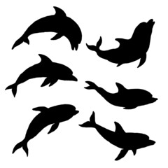 Naklejka premium Dolphin silhouette set. Jumping playful aquatic animal doodle vector Illustration.