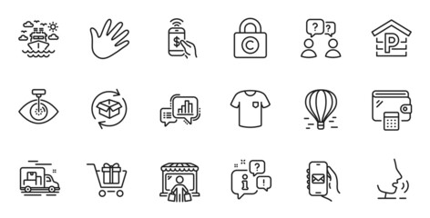 Outline set of Return parcel, Copyright locker and T-shirt line icons for web application. Talk, information, delivery truck outline icon. Vector
