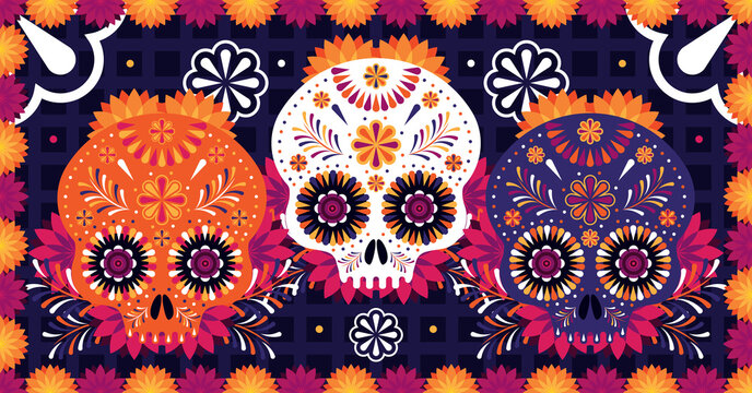 Ilustraci&oacute;n de calaveras con decoraciones y arreglos de cempas&uacute;chil para d&iacute;a de muertos