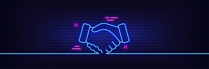 Neon light glow effect. Handshake line icon. Hand gesture sign. Business deal palm symbol. 3d line neon glow icon. Brick wall banner. Handshake outline. Vector