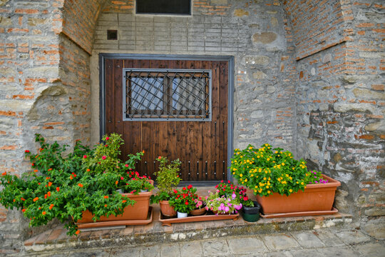Potted plants against an old house at the old village of Aliano in the Basilicata region in Italy