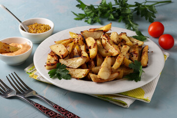 Baked potatoes with mustard and paprika sauce in a plate on a blue background