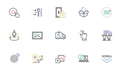Checkbox, Journey and Augmented reality line icons for website, printing. Collection of Private payment, Car service, Target purpose icons. Voting campaign, 360 degrees, Photo web elements. Vector