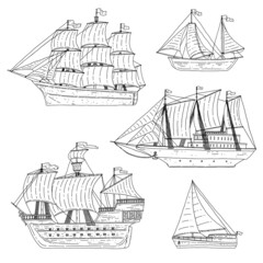 Set of sea sailboats and yachts. Ships with sails are modern and vintage. Doodle black white line sketch isolated illustrations.
