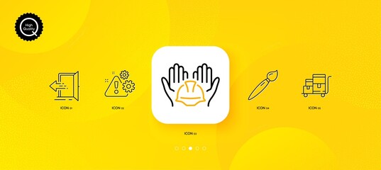 Fototapeta na wymiar Brush, Inventory cart and Warning minimal line icons. Yellow abstract background. Builders union, Entrance icons. For web, application, printing. Art brush, Warehouse goods, Important message. Vector