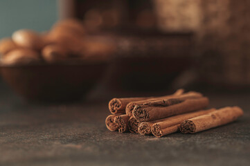 Bunch of cinnamon sticks closeup. Aromatic cinnamon sticks.