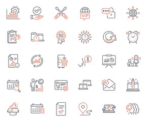 Technology icons set. Included icon as Reload, Update data and Report web elements. Question mark, Megaphone checklist, Employees wealth icons. Time management, Calendar. Vector