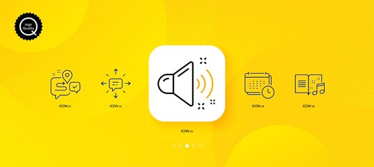Fototapeta na wymiar Loud sound, Calendar and Journey minimal line icons. Yellow abstract background. Sms, Music book icons. For web, application, printing. Music, Schedule planner, Trip distance. Conversation. Vector