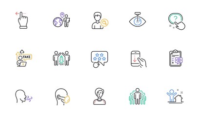 Touchscreen gesture, Businesswoman person and Partnership line icons for website, printing. Collection of Question button, Eye checklist, Breathing exercise icons. Scroll down, New house. Vector