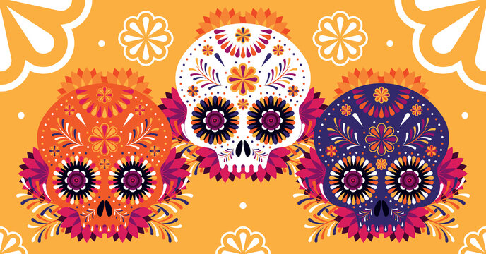 Ilustraci&oacute;n de calaveras con decoraciones y arreglos de cempas&uacute;chil para d&iacute;a de muertos
