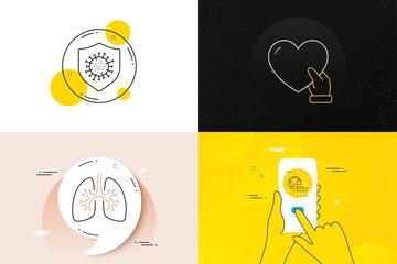 Minimal set of Lungs, Covid test and Coronavirus line icons. Phone screen, Quote banners. Volunteer icons. For web development. Respiratory pneumonia, Blood testing, Covid protection. Vector