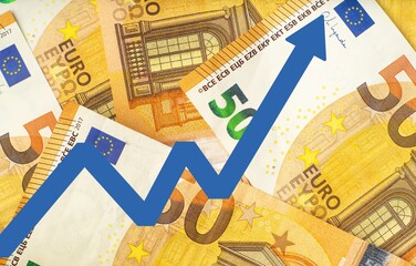 the euro is rising: euro exchange rate increase illustration with blue arrow on money background