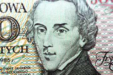 Portrait of the Polish composer NFryderyk Franciszek Chopin from the obverse side of 5000 five thousand old Polish Zlotych banknote currency year 1986, old Polish Zloty money, Poland, vintage retro - obrazy, fototapety, plakaty