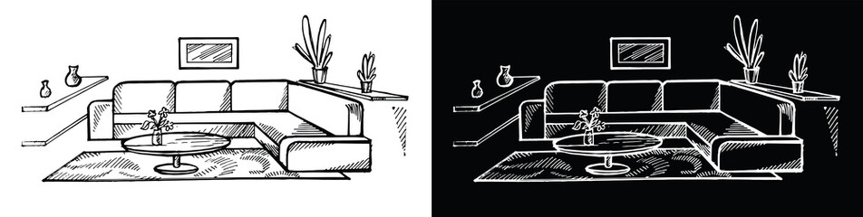 Interior of a room, office, rest room. Room illustration. Black and white image. Kit. Vector image. 