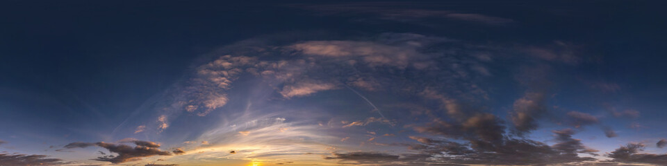evening blue sky hdr 360 panorama with white beautiful clouds in seamless projection with zenith for use in 3d graphics or game development as sky dome or edit drone shot for sky replacement