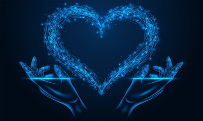 A heart above the palms of the hands. Polygonal design of lines and dots. Blue background.