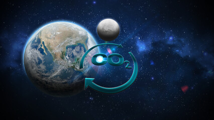 Planeta Terra com indicação de movimento de rotação com fundo azul e grid amarelo com estrelas representando o universo e indicação e emissão de gás carbônico © Hermes Bezerra 