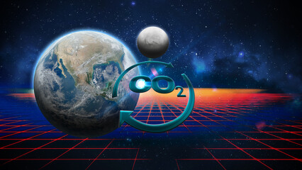 Planeta Terra com indicação de movimento de rotação com fundo azul e grid amarelo com estrelas representando o universo e indicação e emissão de gás carbônico © Hermes Bezerra 