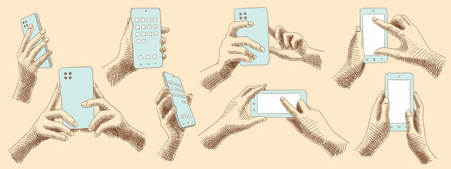 Sketches collection of hands holding smartphone, from different angles. Technologies, gadgets and their management. Clicking, installation, setting gadgets. Vintage images, hand-drawn, vector.