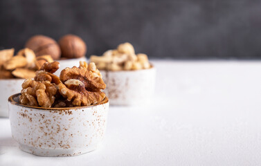 Walnuts in a bowl. Copy space