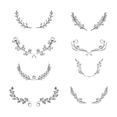 Set of vector handdrawn laurels and wreaths, nature, floral doodle collection. Decoration elements for design invitation, wedding cards, valentines day, greeting cards