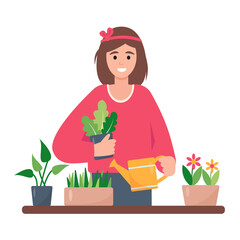 Pretty girl with watering can and plants in pots. Gardening, growing, harvest concept. Female farmer or florist character in garden or flower shop. Flat or cartoon vector illustration.