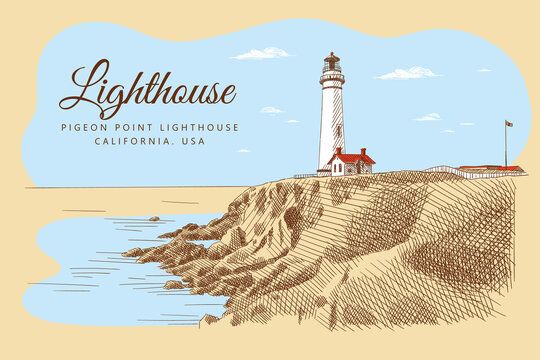 Color sketch of the lighthouse and buildings around it on a cliff, ocean and sky with clouds around. Pigeon Point Lighthouse, California, USA. Vintage card, hand-drawn, vector. Nature sketch.