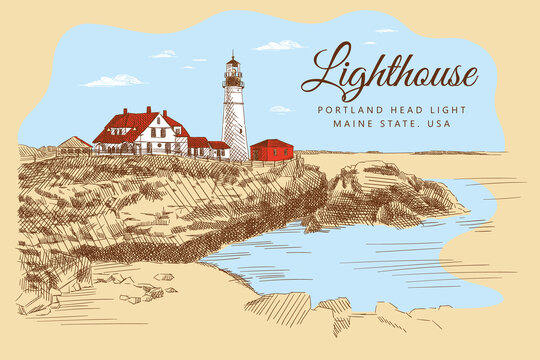 Color sketch of the lighthouse and buildings around it on a cliff, ocean and sky with clouds around. Portland head light, Maine state, USA. Vintage card, hand-drawn, vector. Nature sketch.