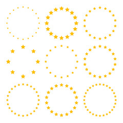 Stars of various sizes arranged in a circle. Round frame, border. Yellow star shape, simple symbol. Design element, ornament. Vector illustration