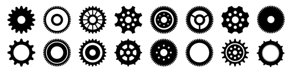 Simple gear icons. Wheels set on black background. Vector white cogwheels collection.  - obrazy, fototapety, plakaty