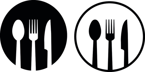 Food icon vector isolated on white background. Food silhouette icon for label, logo, fork, knife and spoon template. Circle sign for cutlery, dinner, eat symbol and restaurant menu.Vector illustration